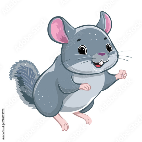 Playful Grey Cartoon Animal Chinchilla Standing and Waving Hello with a Big Bushy Tail, Full Body Vector Illustration