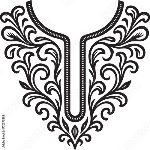 Black ornamental floral design for neckline or collar white decorative
