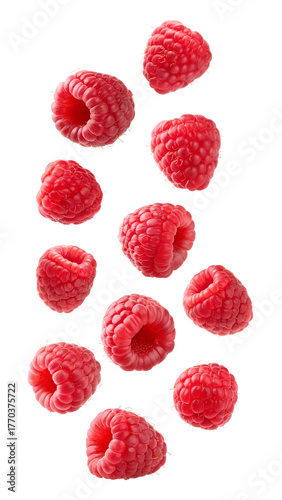 Fresh raspberries falling isolated on transparent background