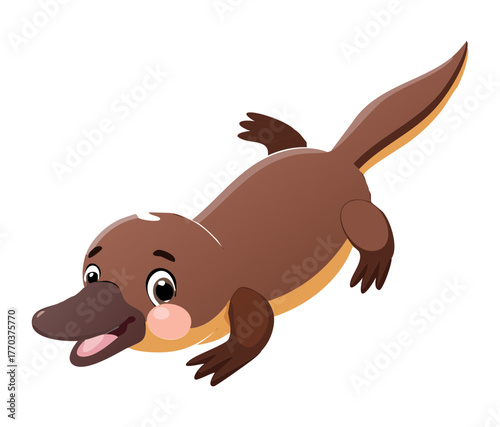 Playful Cartoon Platypus Animal Running Quickly on Land or Swimming Through Water with a Very Joyful Expression