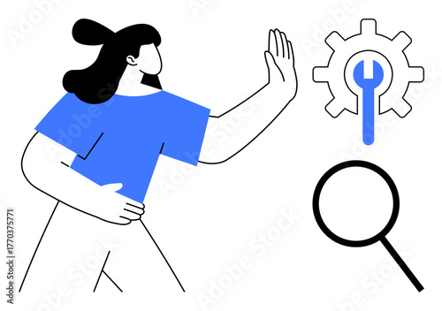 Person gesturing stop toward a gear with wrench and magnifying glass. Ideal for technology, rejection, repair, troubleshooting, problem-solving, IT, decision-making. Simple flat metaphor
