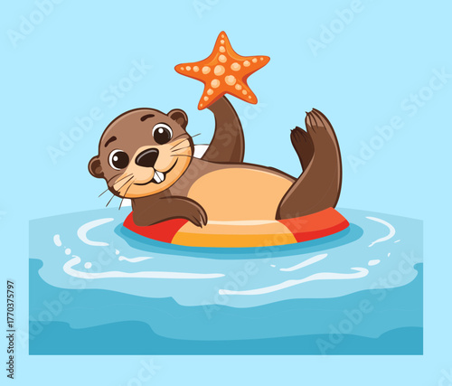 Cute Cartoon Sea Otter Animal Lying on a Red Inflatable Tube Holding a Starfish and Sunbathing in the Blue Swimming Pool