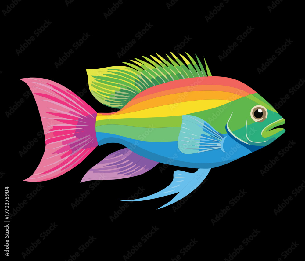 Fototapeta premium Exotic rainbow colored aquarium fish with smooth scales and flowing fins swimming in deep water