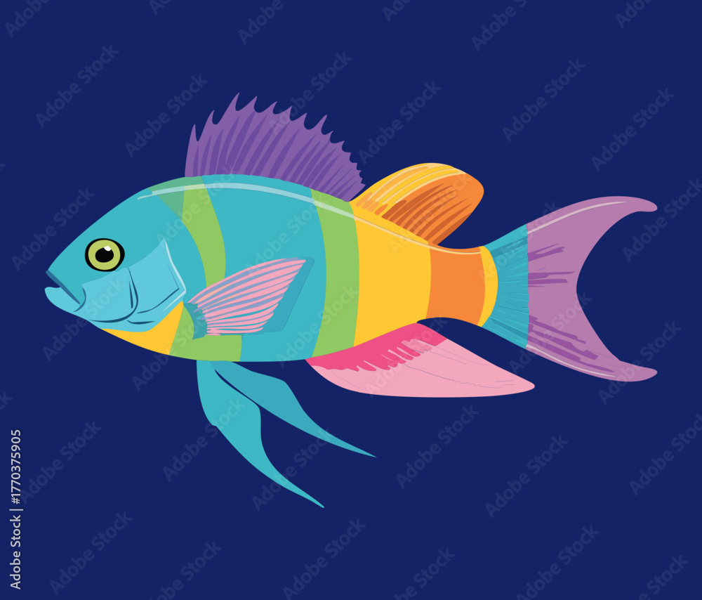 Fototapeta premium Vibrant colorful aquarium fish with bright blue, pink, and yellow stripes swimming gracefully vector art