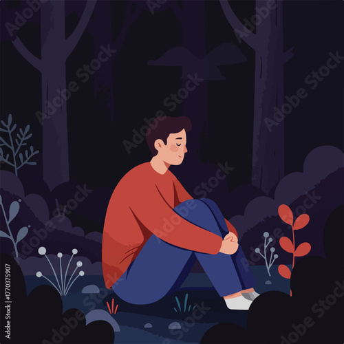 A person sits in a darkened forest, hugging knees. The illustration employs soft hues of blue, red, and brown