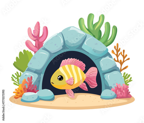 Small colorful cartoon goldfish hiding under a cute pink stone cave or archway in the aquatic environment
