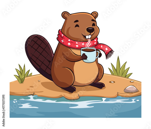 Cute cartoon beaver enjoying a hot cup of tea or chocolate while sitting outdoors near a river bank