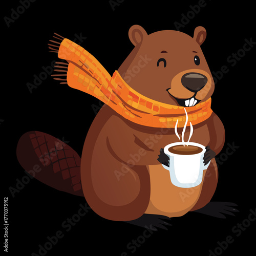 Friendly cartoon beaver mascot wearing a warm scarf and holding a steaming hot cup of coffee or cocoa
