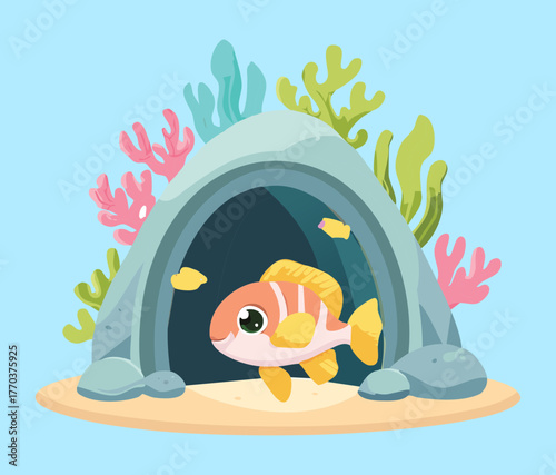 Adorable small cartoon goldfish peeking out from a decorative stone cave or hideout underwater scene