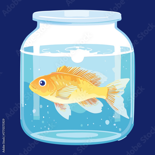 Cartoon golden fish swimming peacefully inside a clear glass jar filled with fresh blue water illustration