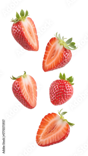 Fresh strawberries halved and whole falling isolated on transparent background