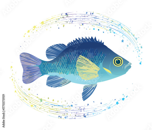 Beautiful vibrant blue sunfish swimming gracefully with colorful abstract particle trail surrounding marine life wildlife illustration