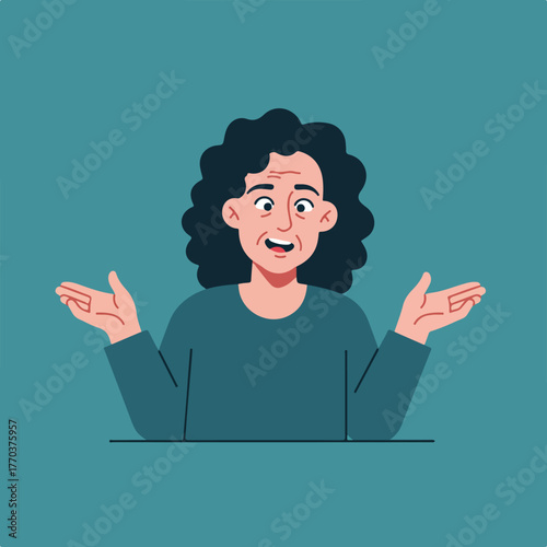 Cartoon illustration of an older woman with dark, curly hair, shrugging, palms up. Teal background
