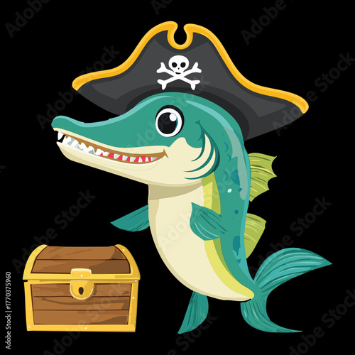 Funny pirate cartoon fish character wearing an eyepatch and hat standing next to a wooden treasure trunk