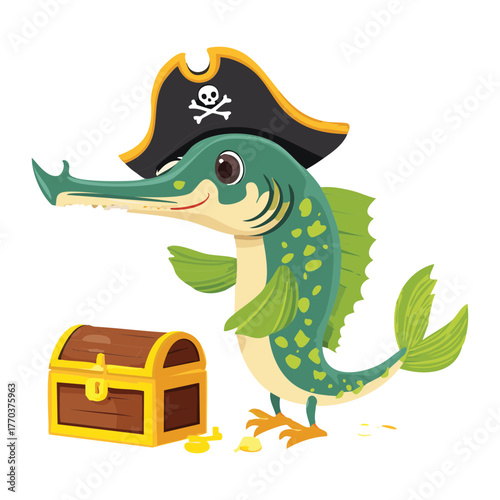 Pirate-themed cartoon sea creature mascot, possibly a mythical dragon, guarding a treasure chest drawing