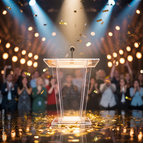Winner background with confetti. Celebrating announcement award podium with sparkle effect vector poster. 