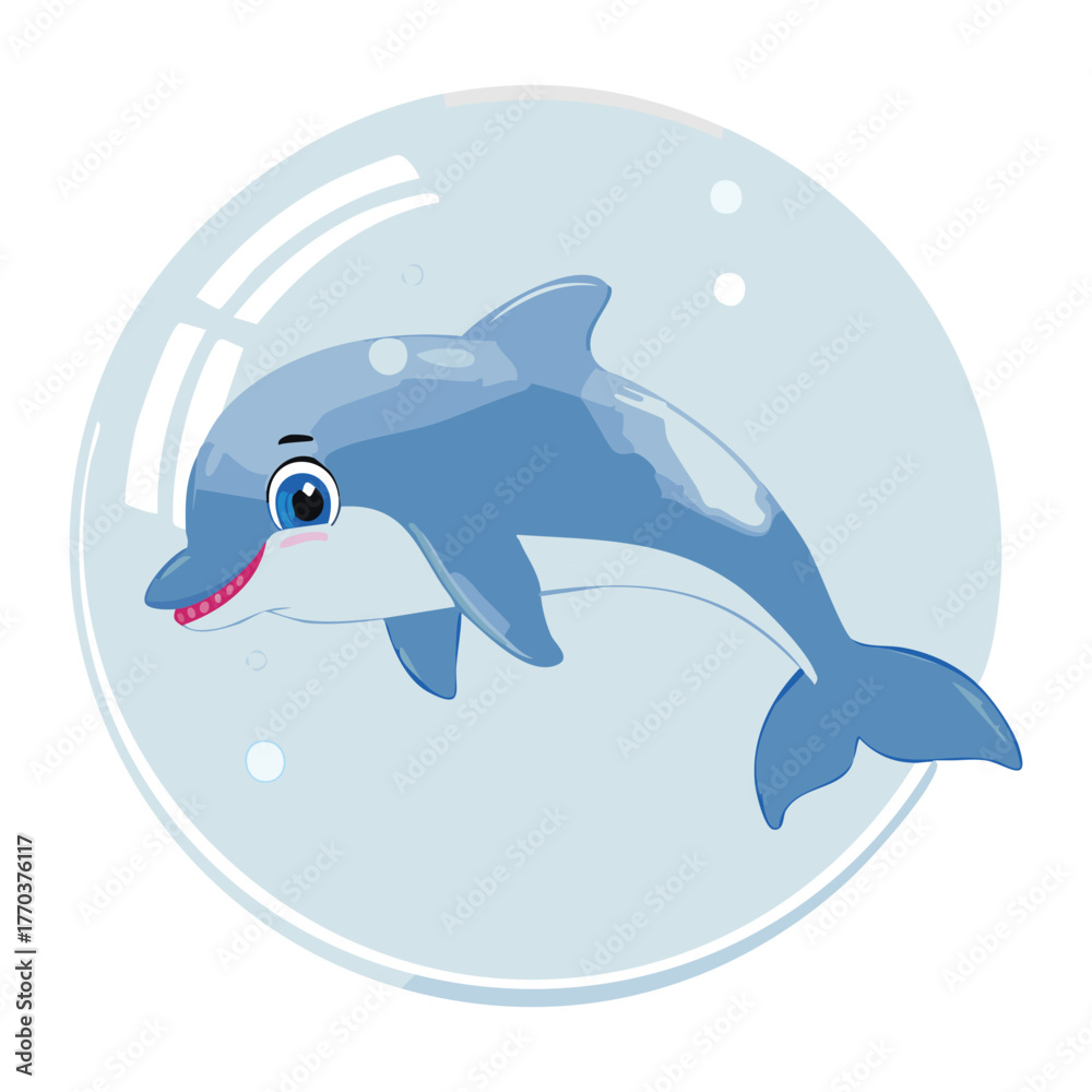 Fototapeta premium Cute Dolphin Animal Swimming Inside a Large Clear Water Bubble: A Whimsical Underwater Concept Illustration