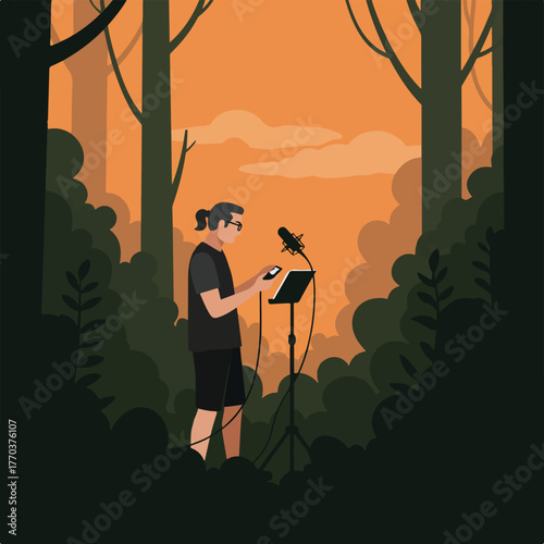 An illustration depicting a person recording audio outdoors. The background features a forest and orange sky