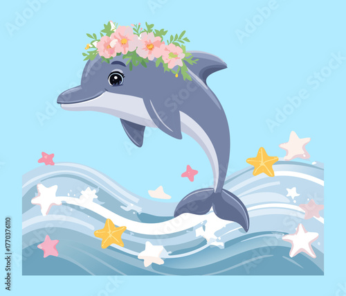 Adorable Dolphin Animal Swimming Under the Bright Sky with Stars and Flowing Blue Ocean Waves