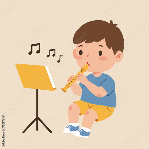 Cartoon illustration depicts a child playing a recorder, musical notes above a music stand, beige background