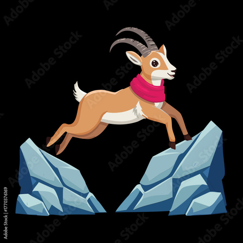 Agile Wild Ibex Animal Leaping from One Mountain Rock to Another in the High Altitude Wilderness