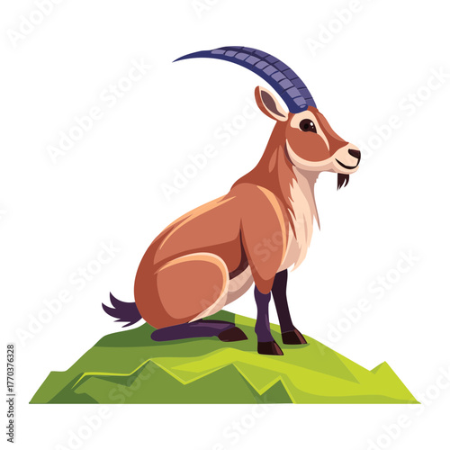 Elegant Wild Ibex Animal with Large Horns Resting Peacefully on a Rocky Outcrop in its Natural Mountain Habitat