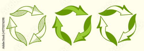 Set of green recycle symbols made of leaves. Eco-friendly concept of sustainability, nature care, and environmental protection in flat vector style.