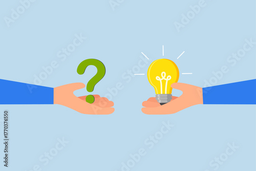 Question and answer, entrepreneur hand grasping question mark while other is responding with lightbulb