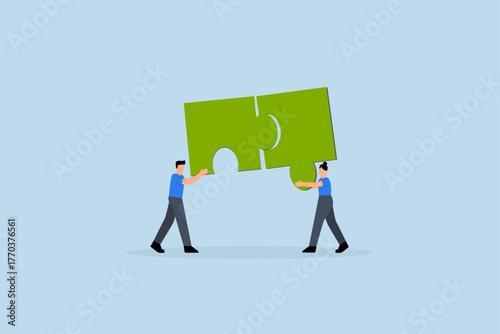 Partnership working together for success, businessman and woman associate link jigsaw puzzle