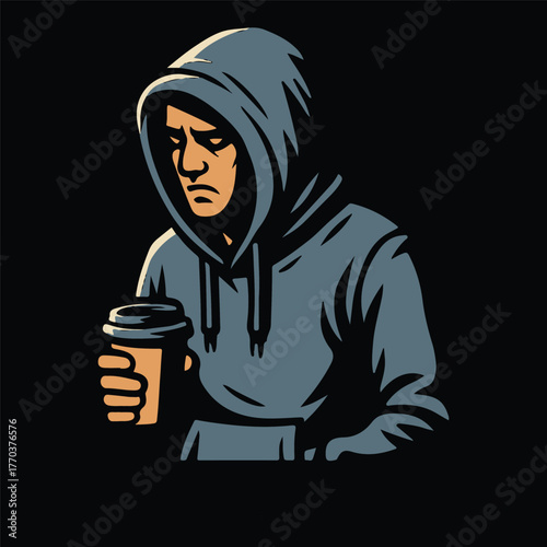 Moody Hooded Guy Holding Coffee Cup in Dark Urban Street Style Illustration