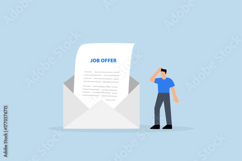 Job offer, entrepreneur applicant considering to accept employment proposal email envelope