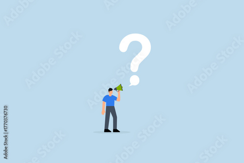 Ask question for answer, entrepreneur using megaphone inquiring with speech bubble featuring large question mark