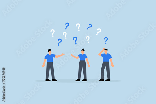 Confused people with confusion problem, businessman and businesswoman with numerous perplexed question marks.