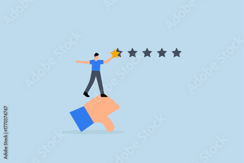 Negative feedback, unhappy man on thumb down giving bad review star.