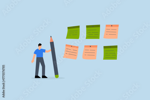 Category, businessman with pencil categorized sticky notes.