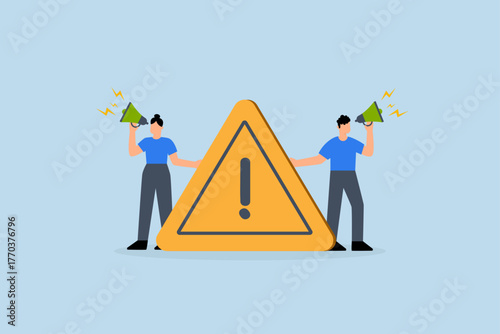 Important announcement, business individuals declare using a megaphone with an attention exclamation point.