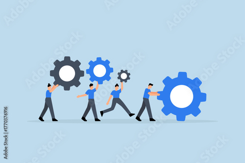 Business organization, Businessman and woman individuals grasping cogwheels gear to develop an organization
