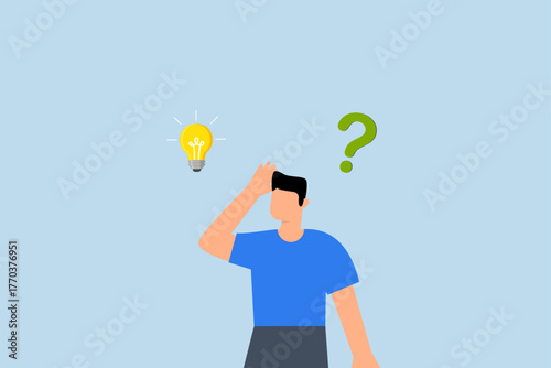 Solution to solve problem, Entrepreneur considers way to address an issue regarding lightbulb and question mark.