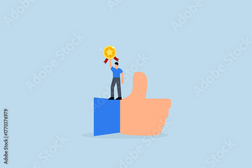 Employee of the month, Successful businessman manager commemorating employee achievement with large thumbs up emblem