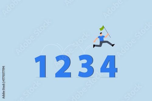 Step by step guide to success, smart businessman jumping on guideline number from 1 to 4