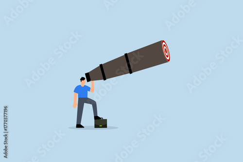 Search for business target, businessman look through telescope to find target or goal