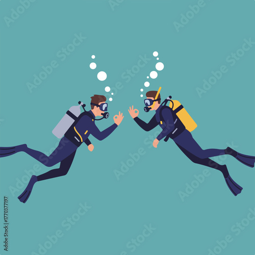 Two divers underwater, with gear and fins, give the OK signal amid bubbles. Turquoise background