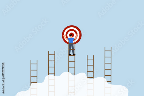 Ladder of success to reach goal or target, businessman climb up the right ladder to reach goal