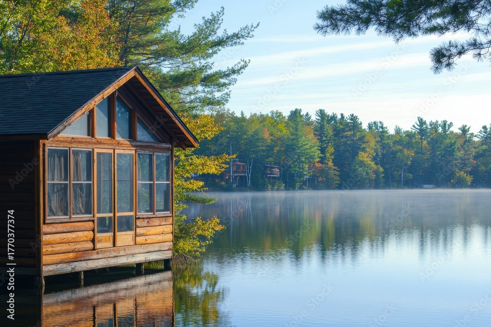 Obraz premium Peaceful lakefront cabin with large windows surrounded by autumn trees and calm water reflecting serene forest and misty atmosphere in early morning light