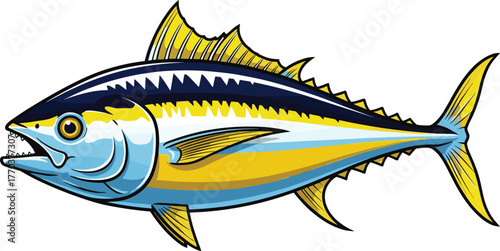 Yellowfin tuna illustration with vibrant blue and yellow coloration, streamlined body and forked tail, marine life vector design concept
