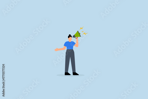 Speak up, assertive businesswoman leader vocalize loudly through megaphone