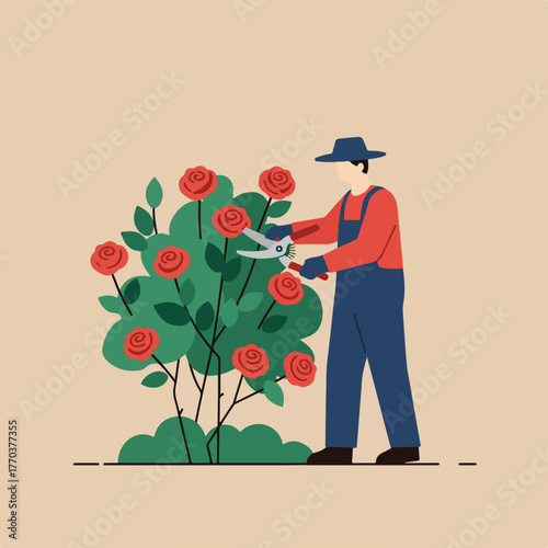 A gardener prunes red roses with shears in a stylized illustration with a tan background