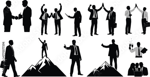 Business teamwork success, corporate leadership, professional collaboration, office partnership, achievement celebration, career growth, motivation, , silhouette illustration - flat vector