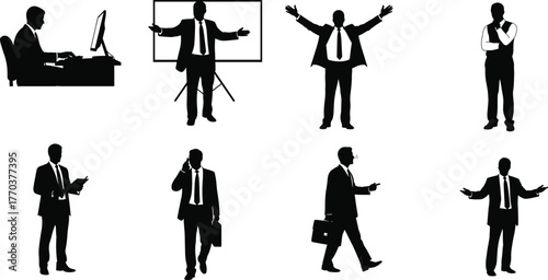 Businessman silhouette collection, office worker poses, professional gestures, corporate lifestyle, leadership, technology, teamwork, presentation, decision making - flat vector