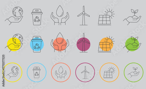 Ecology and Sustainability Icon Set – Renewable Energy, Nature, Environment, Green Technology